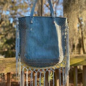 Steve Madden Light Blue Braided Fringe Suede Boho Shoulder Bag